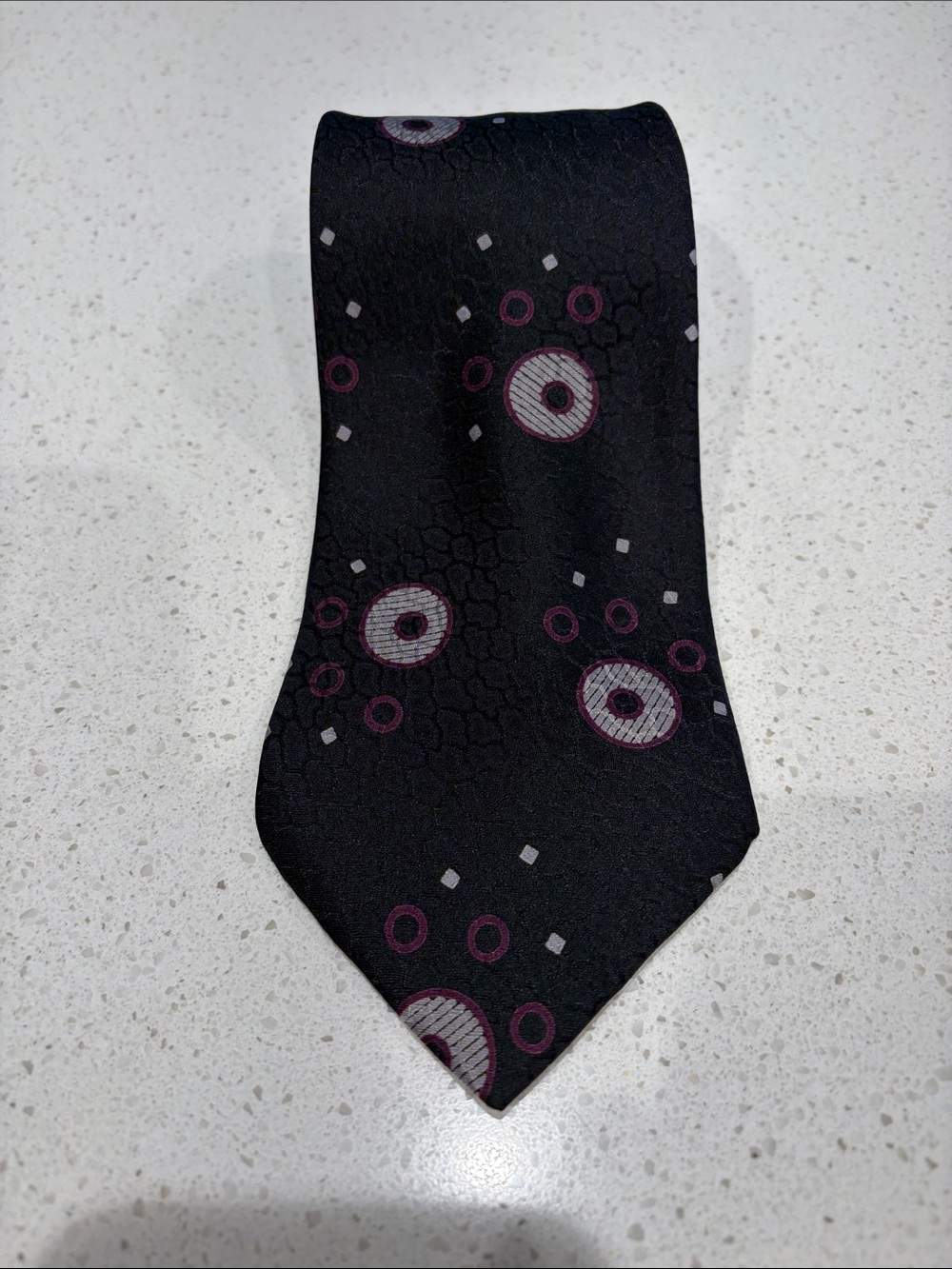 Giorgio Armani Black Tie with Plum and Light Gray Circular Motif.